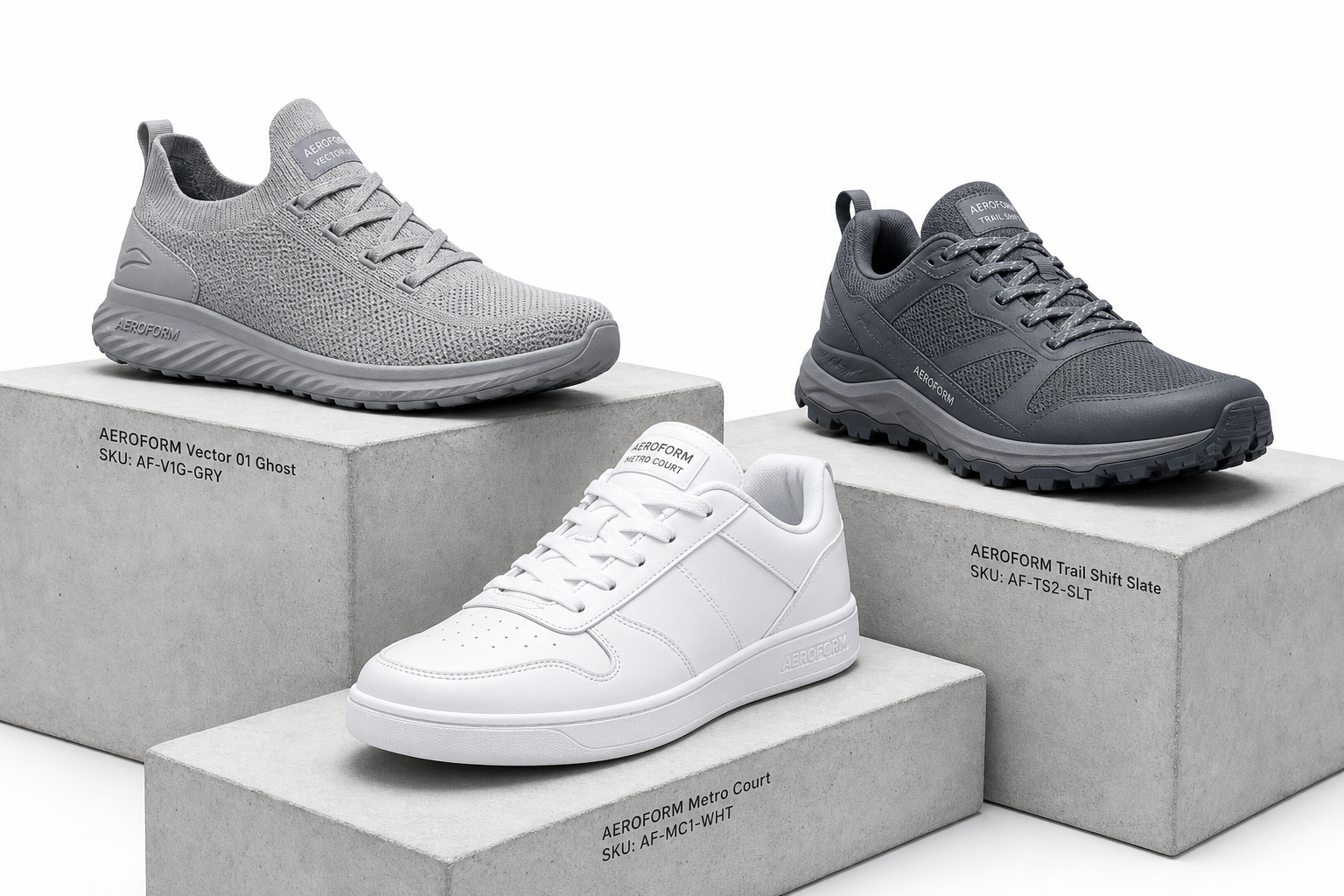 AEROFORM studio lineup of Vector 01 Ghost, Metro Court and Trail Shift Slate